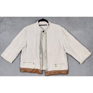 CHICOS Jacket Womens Size 2 US Large Beige Open Front 100% Linen Mandarin Collar